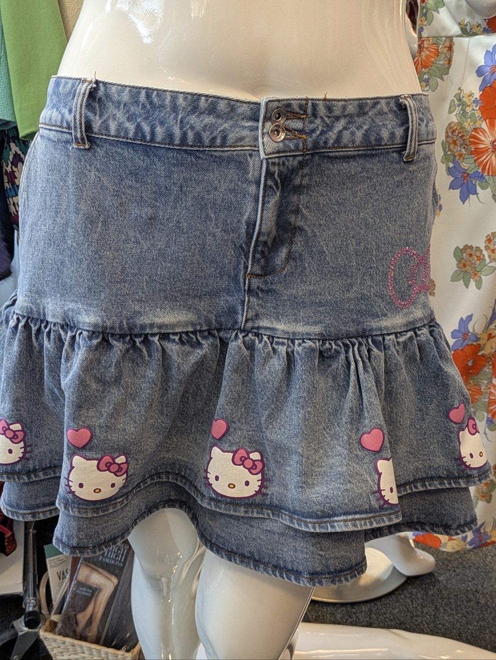 Hello Kitty Denim Mini Skirt Saniro Double Flounce Size 3 X
